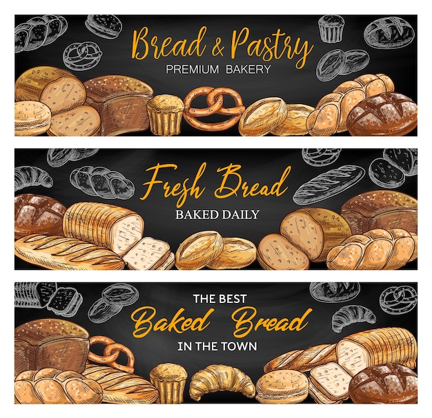 Vector bread and bakery shop sketch vector banners