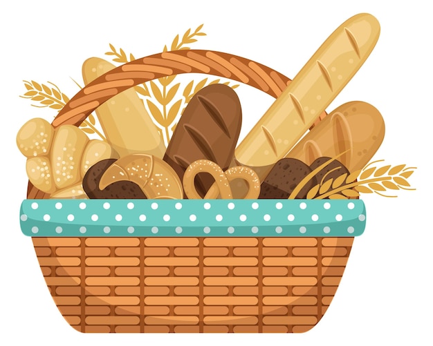 Vector bread basket cartoon icon fresh bakery products