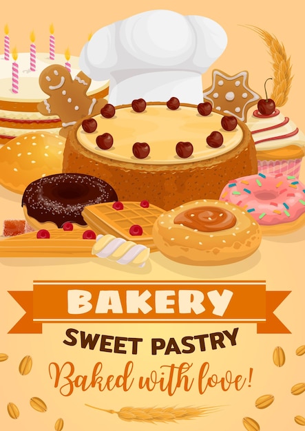 Vector bread and cake of bakery and pastry shop food