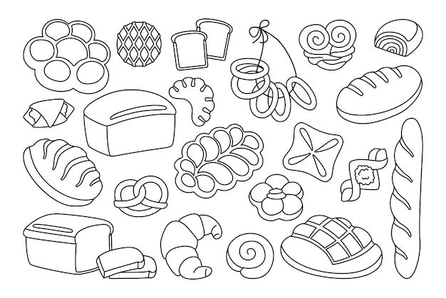 Bread cartoon clipart line set Rye, whole grain and wheat loaf bread, pretzel, muffin, croissant, french baguette