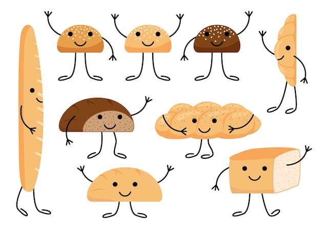 Хлебный персонаж с милой группой еды лица. Вкусная счастливая выпечка каваи, выпечка, мультяшный хлеб, набор