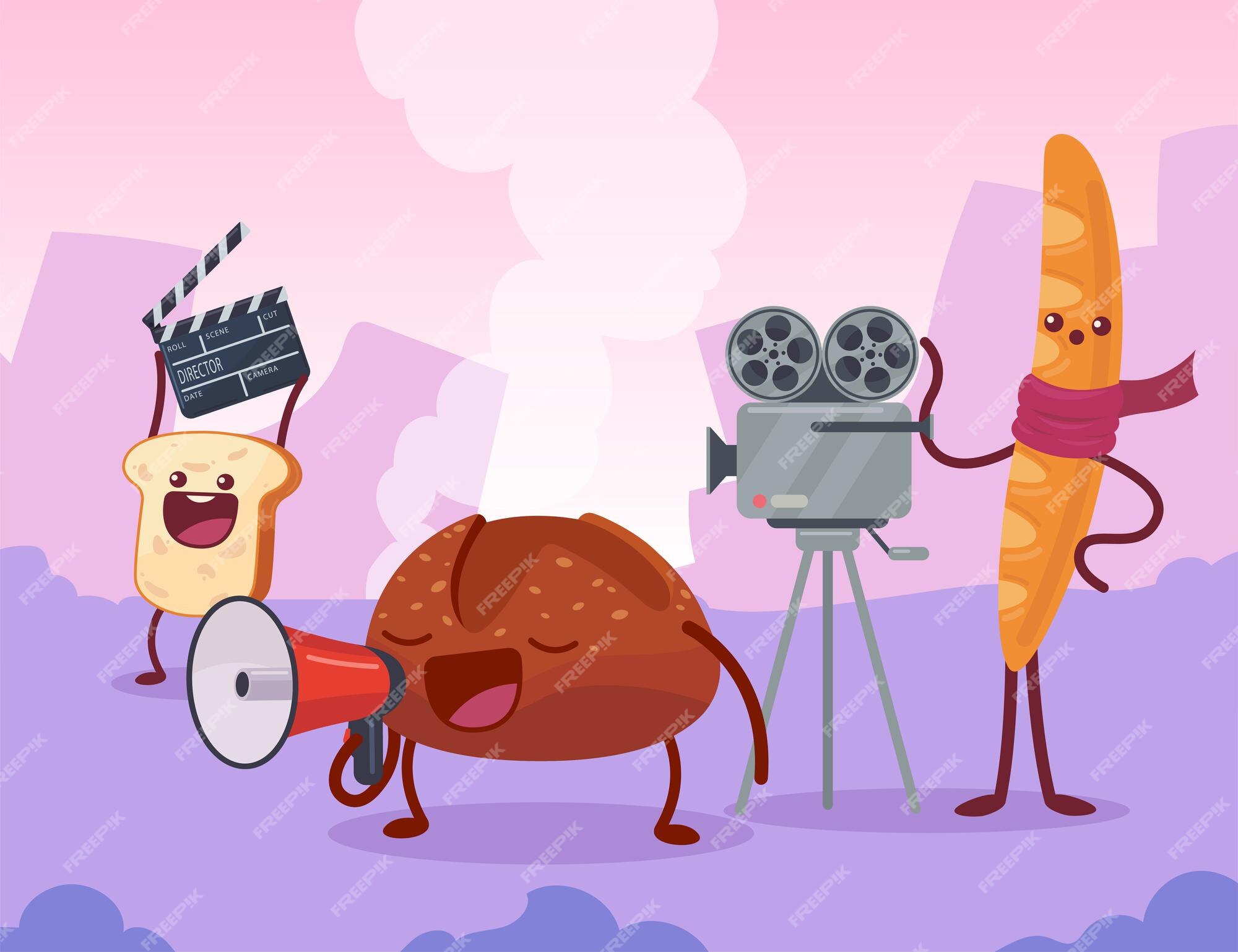 Premium Vector | Bread characters filming movie on set together. toast holding clapperboard, baguette with video camera, bun speaking into megaphone cartoon illustration Premium Vector | Bread characters filming movie on set together. toast holding clapperboard, baguette with video camera, bun speaking into megaphone cartoon illustration