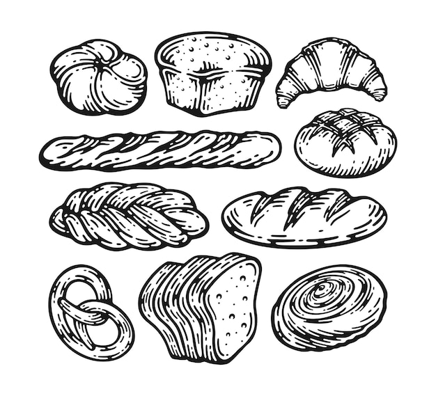 Illustrazione stabilita dell'annata di doodle di pane. pane fresco. collezione di prodotti da forno per glutine incisi.