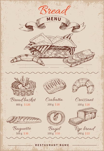Vector bread hand drawn restaurant menu