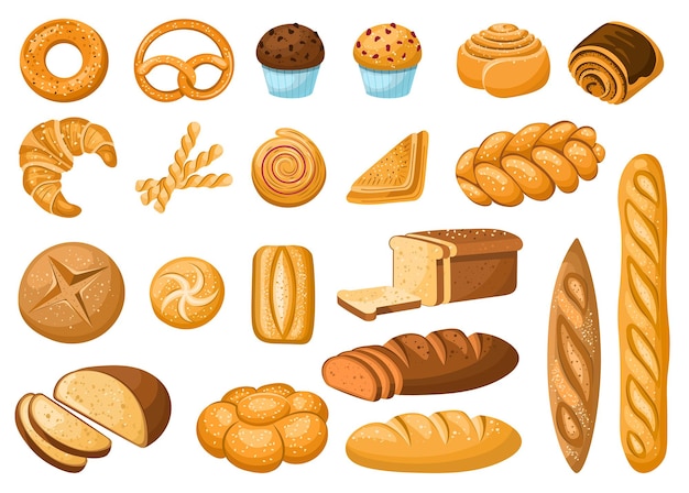 Vector bread icons collection ciabattabaguettebagelcroissantcupcakebread slices elements for bakery