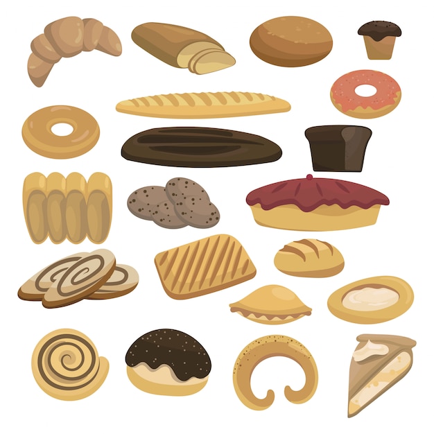 Набор иконок хлеб для пекарни. коллекция выпечки. мучные изделия для рынка.