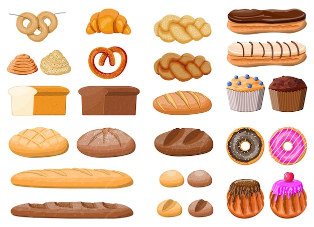 Vector bread icons set. whole grain, wheat rye bread, toast, pretzel ciabatta, croissant, bagel, french baguette cinnamon bun. sweet desserts. pastry bakery. eclair donut muffin. vector illustration flat