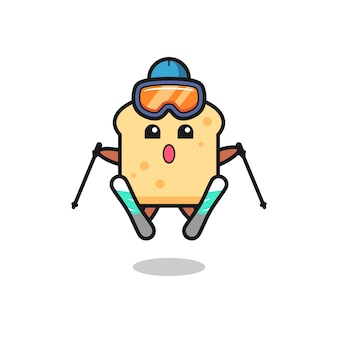 Personaggio mascotte del pane come giocatore di sci, design in stile carino per maglietta, adesivo, elemento logo Vettore Premium