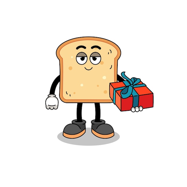 Bread mascot illustration giving a gift