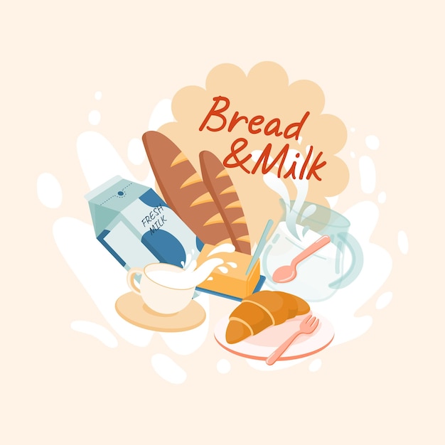 Хлеб с молоком и маслом с молочным всплеском на заднем плане плаката