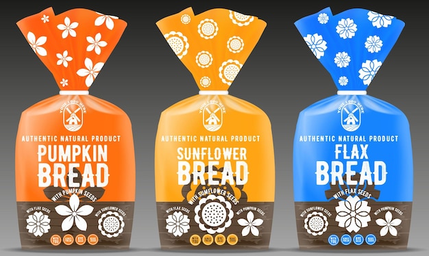 Вектор Дизайн упаковки для хлеба в трех цветах с макетом