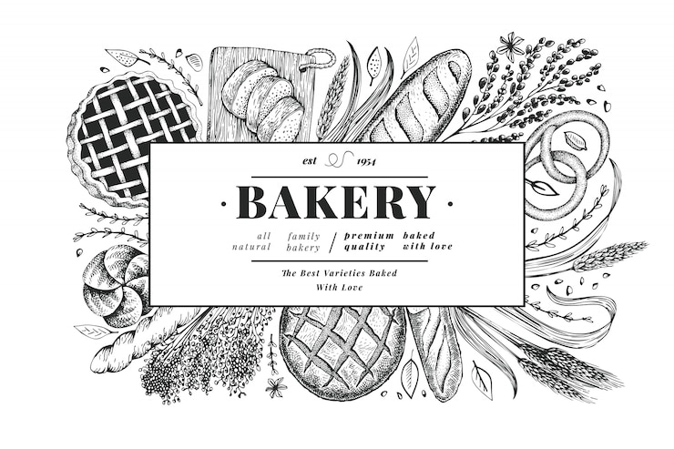 Vector bread and pastry banner. vector bakery hand drawn illustration. vintage design template.