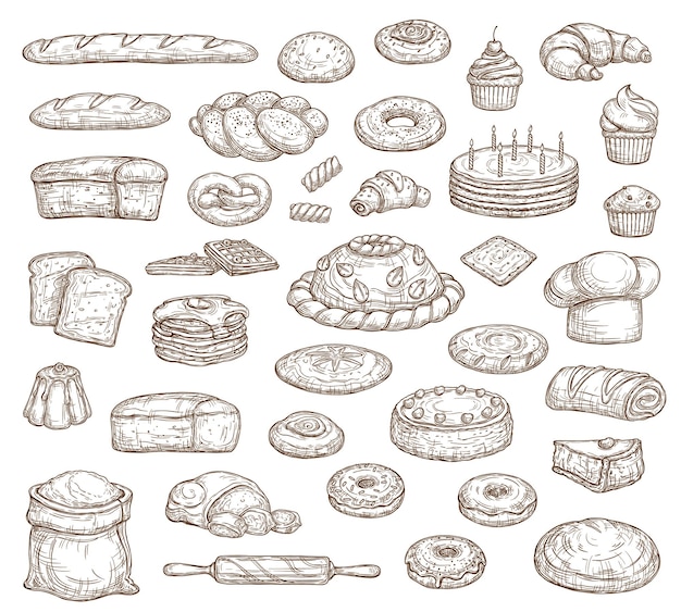 Bread pastry isolated sketch icons bakery food