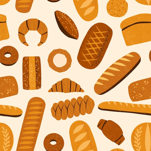 Bread pattern Seamless print of bakery products with baguettes croissants bagels pretzels cartoon fresh baked food Vector texture