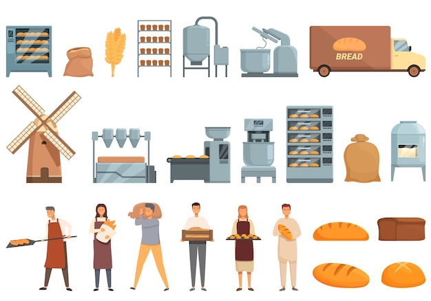 Bread production icons set cartoon vector Bread factory