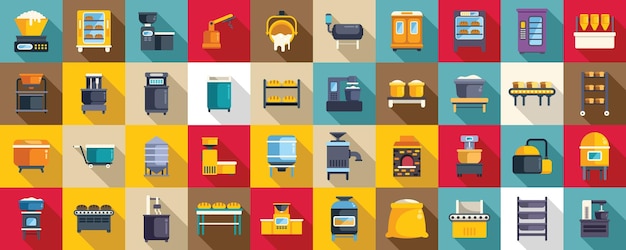 Vector bread production icons set flat vector food factory