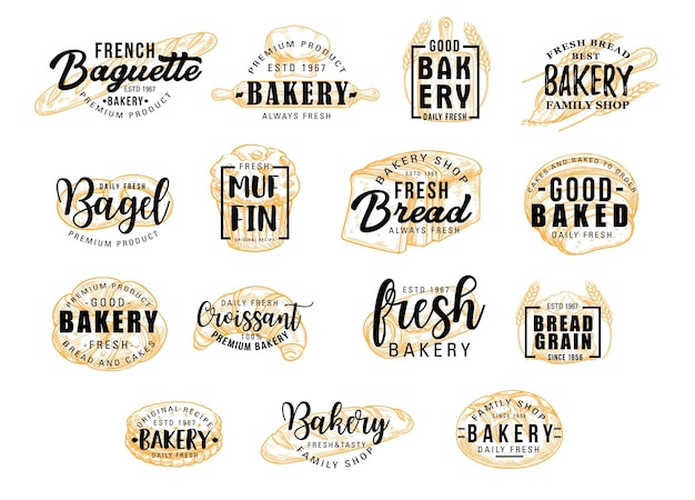 Bread products icons with lettering Bakery signs