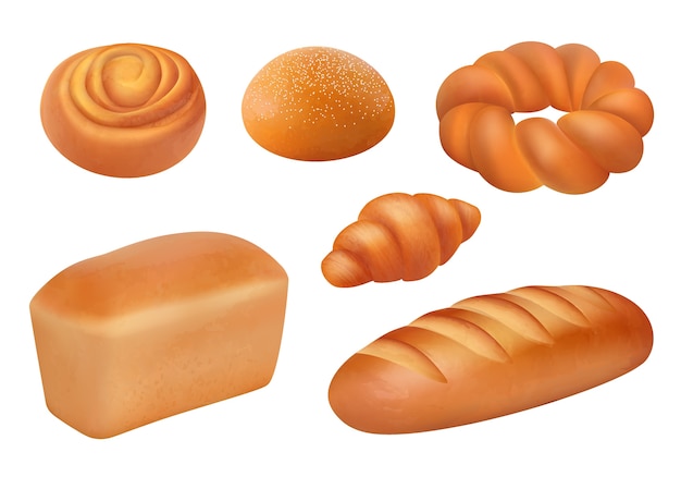 Bread realistic. Bakery food fresh tasting products french loaf baguette buns breakfast picture. Bakery bread food collection illustration, loaf realistic