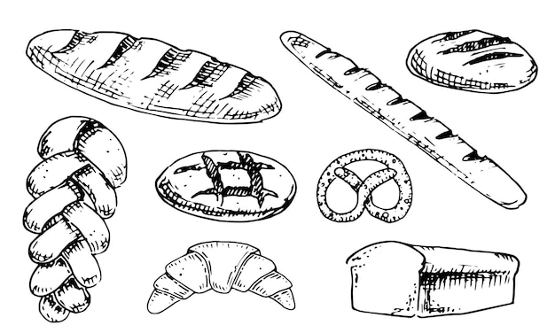 빵 세트 벡터 스케치 베이커리 디자인 롤빵과 낙서 스타일의 크로와상 빈티지 패스트리