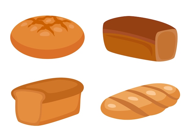 Vector bread set whole grain bread dark rye bread loaf french boiled bread in catroon flat style