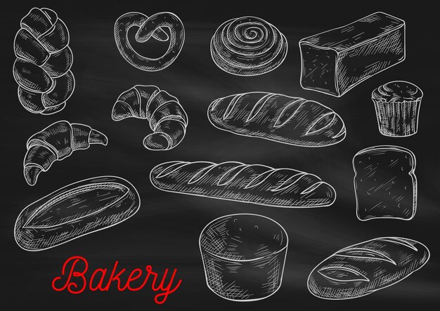 Bread sorts and bakery products isolated on black