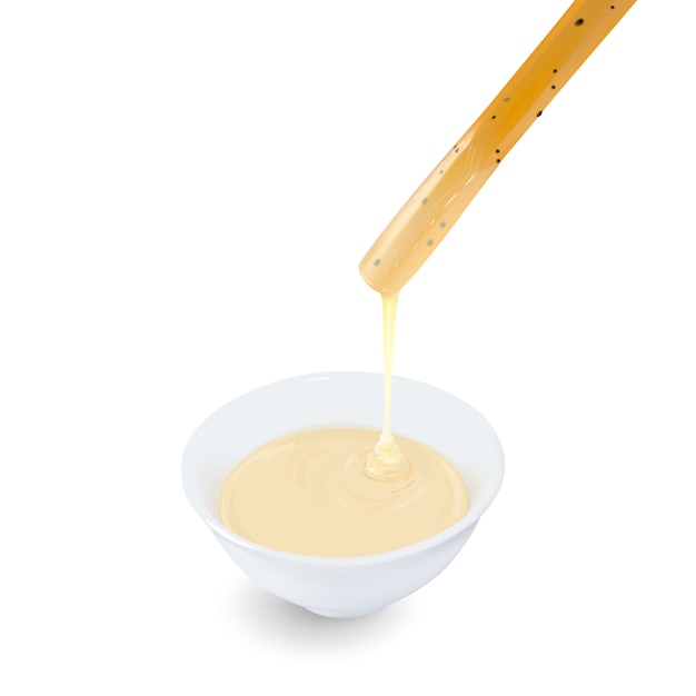 Vector bread stick dipped with condensed milk in cup on white