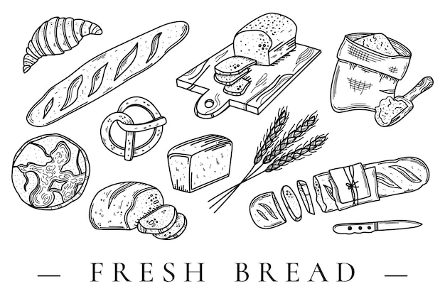 Bread vector hand drawn doodle set illustrations Gluten food bakery engraved collection