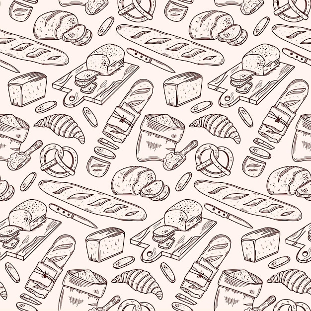 Bread vector seamless pattern Bakery product sketch background