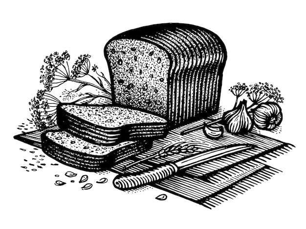 Bread with garlic and cumin vector illustration Vintage graphics and handwork