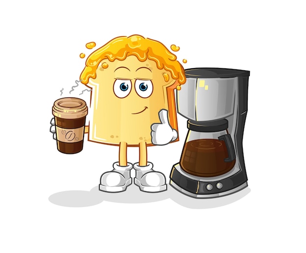 Bread with honey drinking coffee illustration. character vector