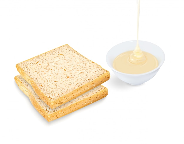 Bread with pouring condensed milk in cup on white