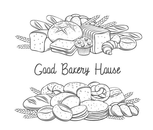 Vector breads baked products banne outline monochrome illustration