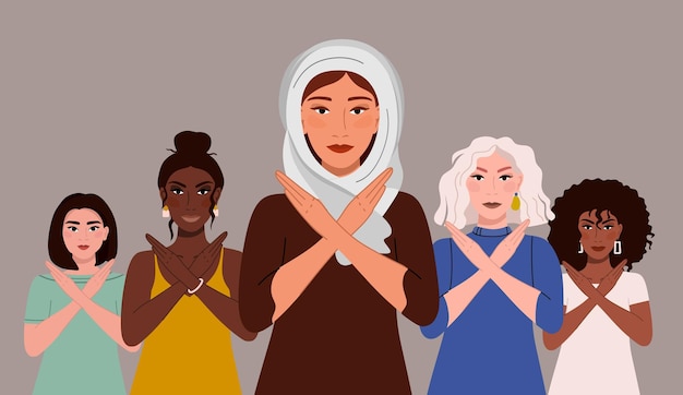 Rompere il pregiudizio un gruppo di donne di diverse nazionalità illustrazione vettoriale del movimento contro