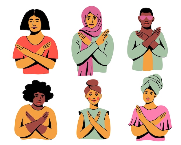 Break the bias set Multiracial group of women protesting against inequality Hand drawn vector illustration