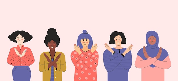 Преодолеть предубеждение Международный женский день Группы женщин с разным цветом кожи скрещивают руки