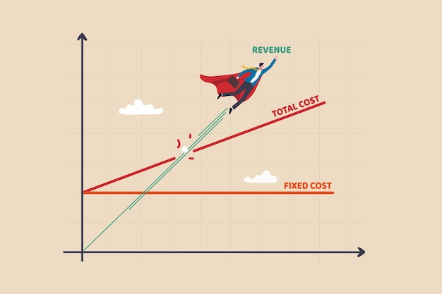 Break even point business strategy plan revenue growing up to break point and business earn profit success company growth concept businessman super hero flying as revenue on break even diagram