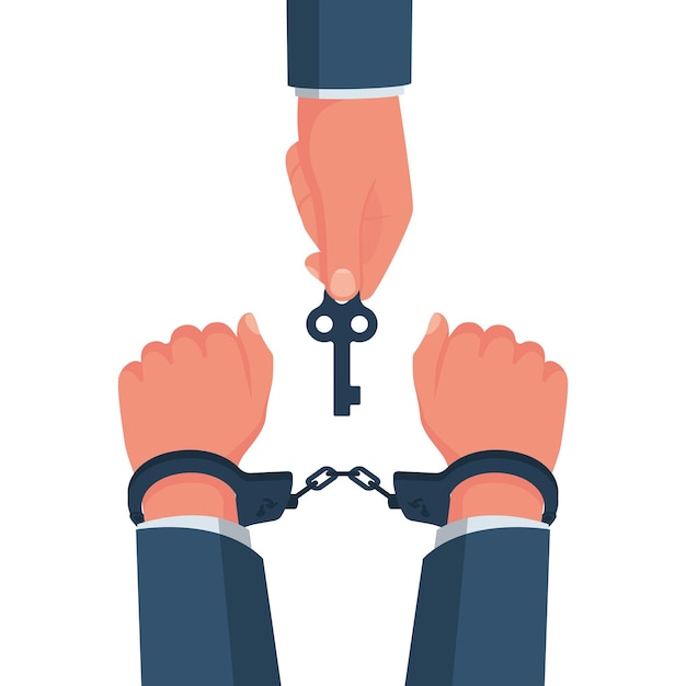 Vector break free prisoner release freedom concept man in handcuffs key is in the hands of freedom vector illustration flat design isolated on white background unlocking handcuffs end of arrest