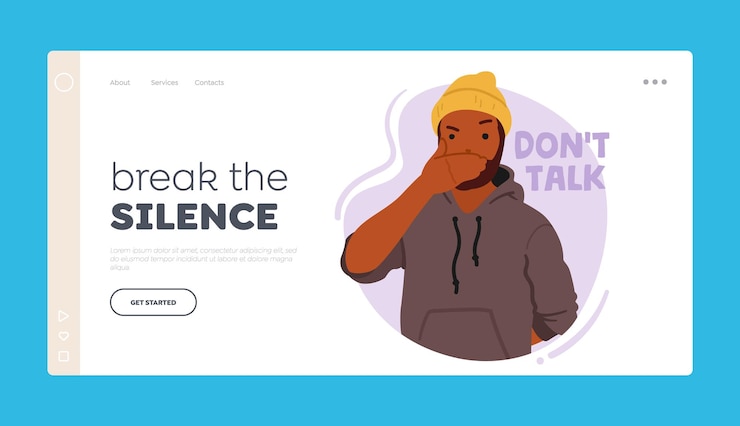 Vector break the silence landing page template young man covering mouth like wise monkey do not tell evil