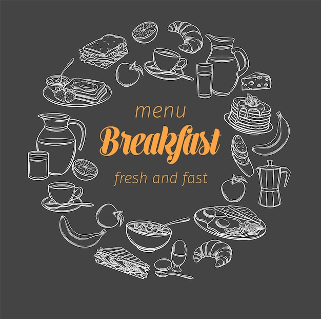 Баннер завтрака и позднего завтрака, стиль доски. эскиз бранч-меню с маслом, сметаной и взбитыми сливками.