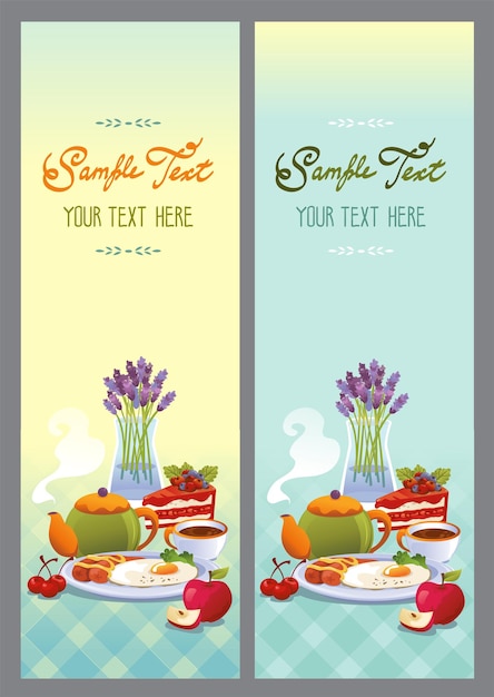 Vector breakfast banner set wit tea cake eggs fruits and flowers vertical banners