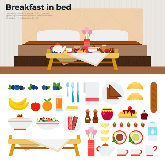 Vector breakfast in bed table with breakfast in the bedroom eating concept food fruits cakes meat