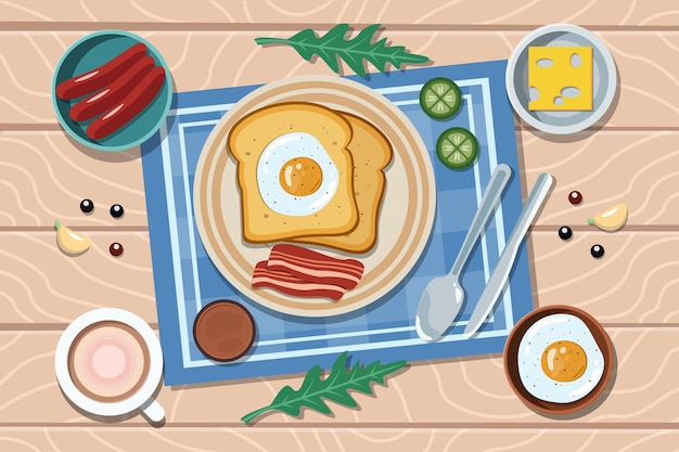朝食のパンと目玉焼きのイラスト