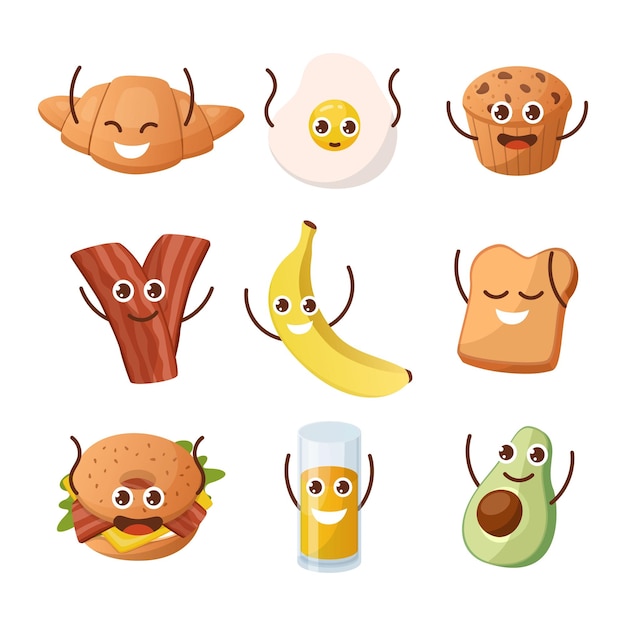 Personaggi della colazione cibo mattutino con divertenti facce scarabocchiate clipart mascotte kawaii banana e avocado con gesti di saluto cornetto sorridente o bicchiere di succo set di spuntini per il pranzo vettoriale