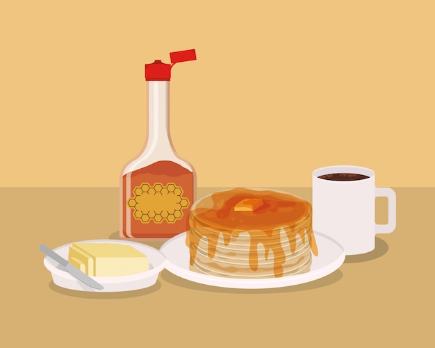 Progettazione del caffè e dei pancake della prima colazione, premio del mercato naturale del prodotto fresco del pasto dell'alimento e cucinare l'illustrazione di vettore di tema