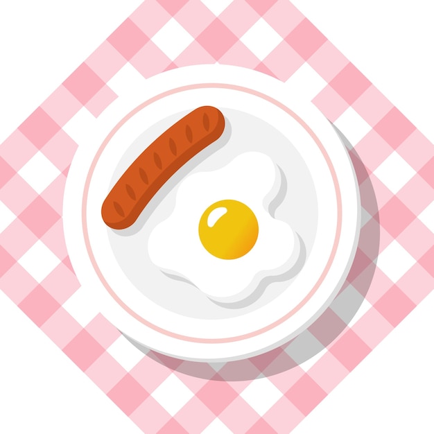 Breakfast concept. Appetizing delicious breakfast, fried egg with sausage, Vector illustration flat design. Isolated on background checkered tablecloth.