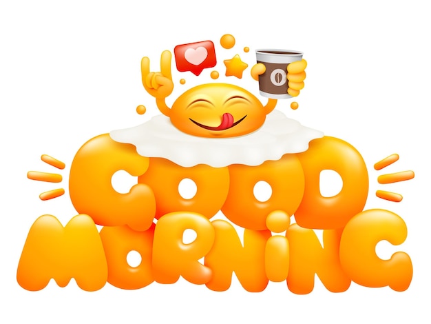 Breakfast concept card. Fried egg emoji cartoon character with cup of coffee. Breakfast concept card. Fried egg emoji cartoon character with cup of coffee.