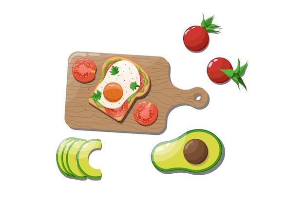 Concetto di colazione. panino con avocado e uovo. illustrazione in stile piatto
