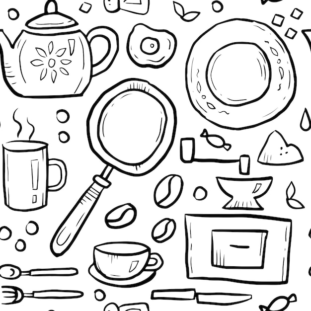 Breakfast dishes hand drawn black and white pattern