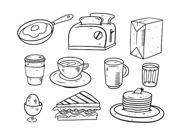 Breakfast doodle elements set isolated on white