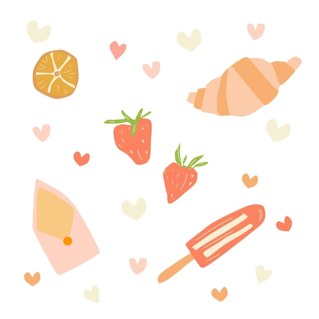 Breakfast in flat cartoon style Strawberry croissant valentine envelope ice cream orange. Food